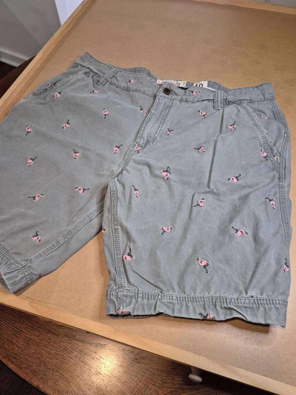 Fat Face Drab Green Shorts with Pink Embroidered Flamingos 3619/12